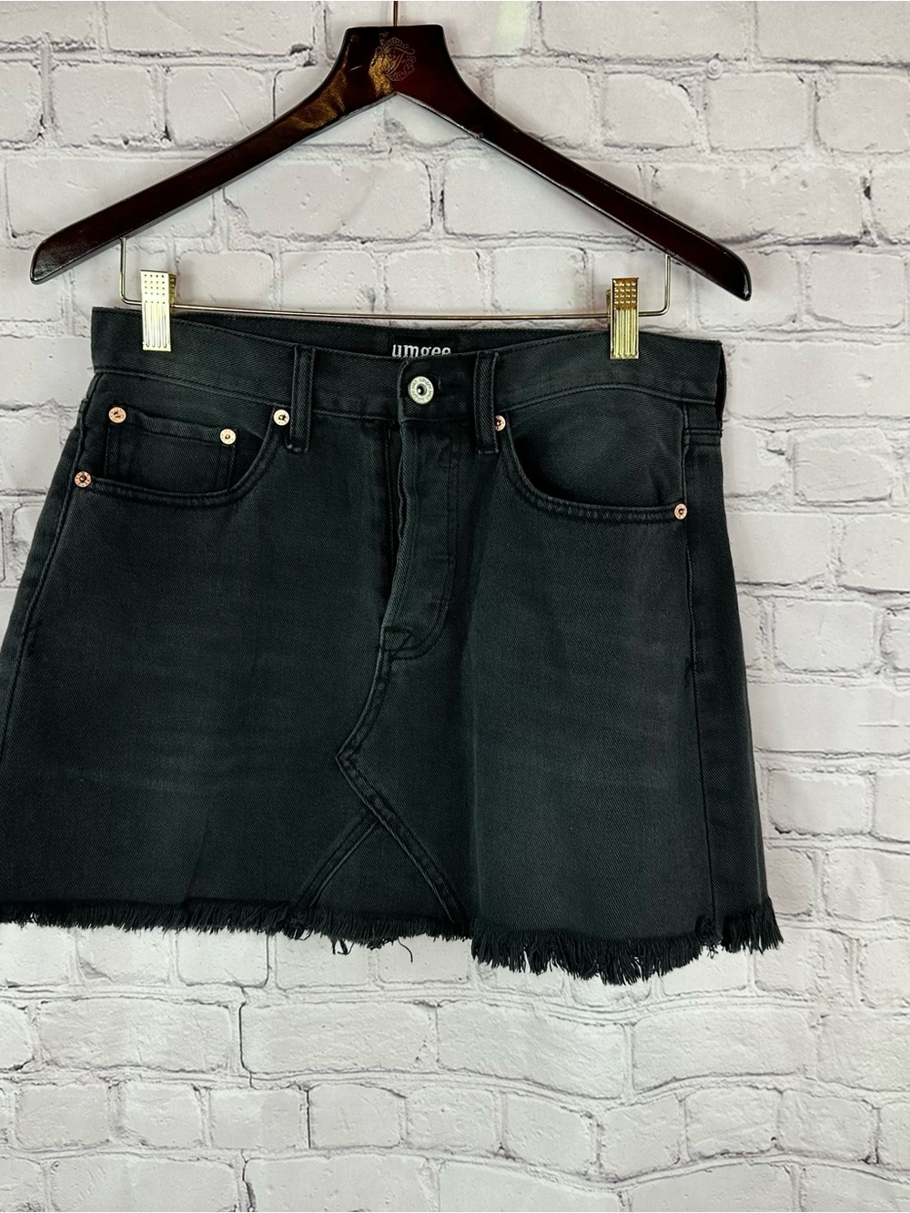 Umgee Black Denim Mini Skirt button fly women 29 festival streetwear distressed